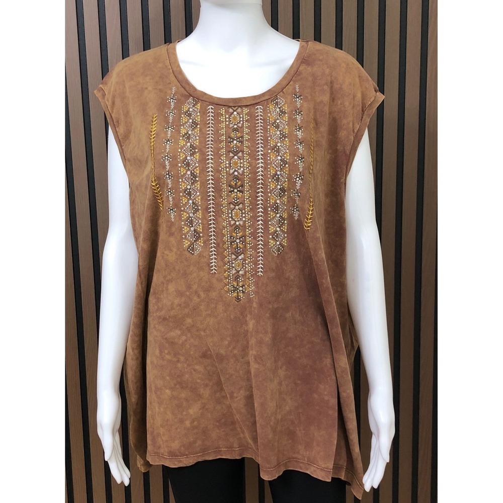 Back In The Saddle Women's Embroidered‎ Tunic Top 3X Brown Acid Wash  Plus